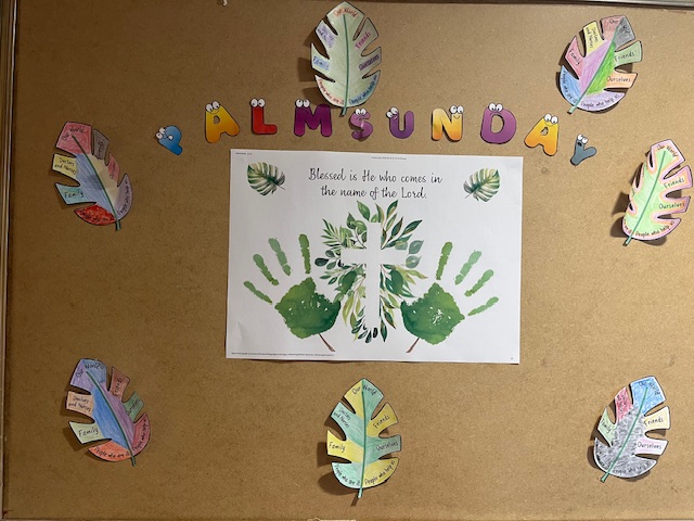 As part of the Palm Sunday celebrations our residents at #lindisfarnethrockley  enjoyed a live stream of the service from the Vatican across all the home. 
We then rounded up by going a Palm Sunday display on our ground floor. We chatted about memories of Sunday schools and religions etc.
