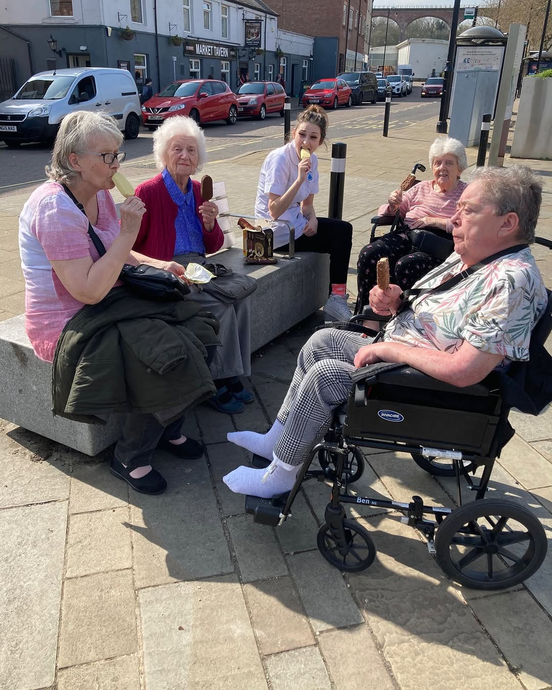 #stmarysnursinghome 
Down the street enjoying the day in the market place and a magnum in the sun 🤩