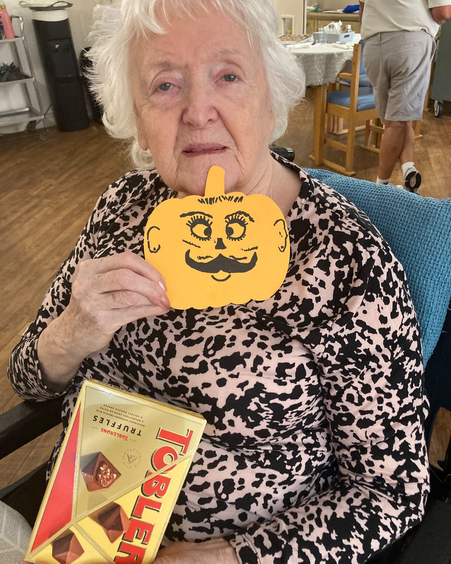#stmarysnursinghome 

We had a bit of competition drawing faces on pumpkins and the winner is Betty! Well done enjoy your Toblerone 🎃